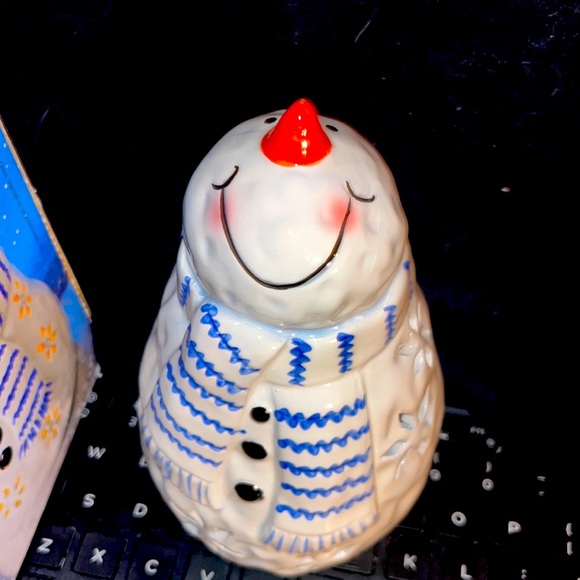 Snowman candle holder with candle glazed ceramic - Picture 1 of 8